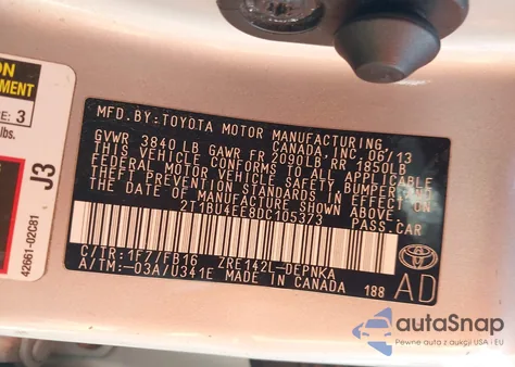 2013 Toyota Corolla Le from USA, damaged, VIN 2T1BU4EE8DC105373